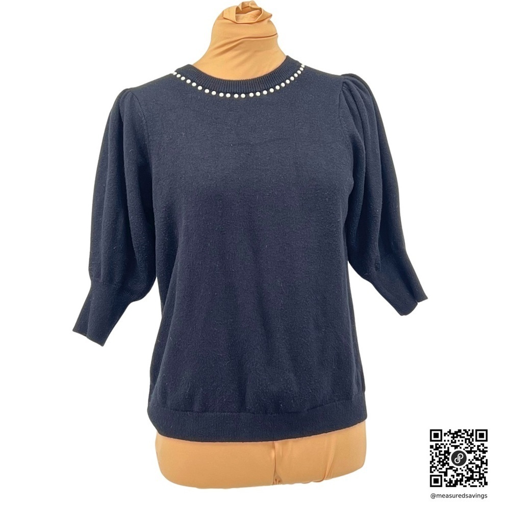 Small - EUC - CeCe Black, Puff Sleeve, Pearl Choker, Short-Sleeve Sweater - Picture 2 of 9